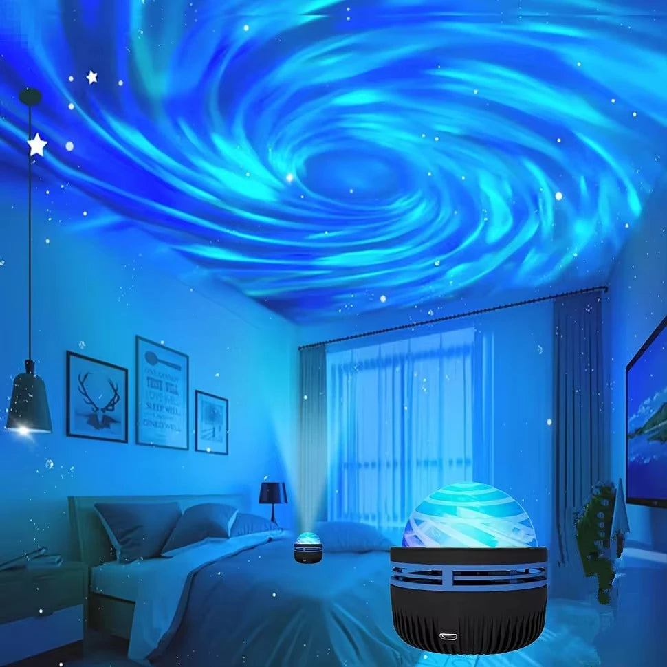 Room with starry night sky projection on ceiling, featuring a night light projector.