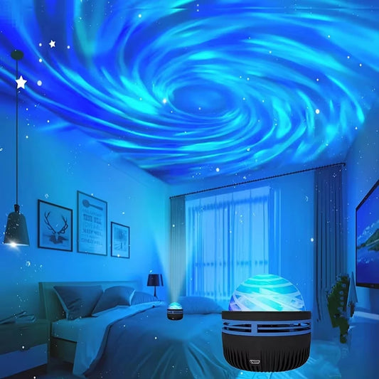 Room with starry night sky projection on ceiling, featuring a night light projector.