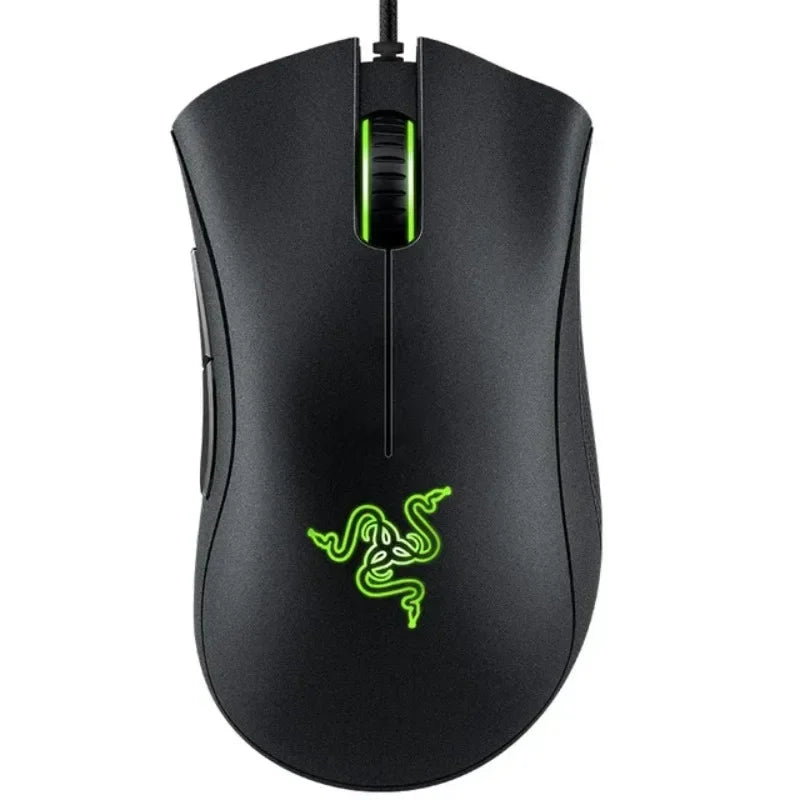 Black gaming mouse with green accents and Razer logo on a white background