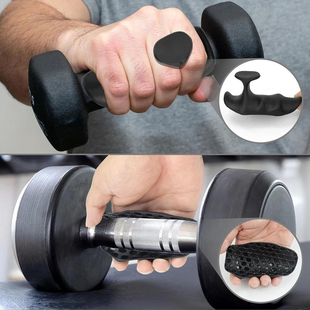 Close-up of hands holding black dumbbells with textured grips, showing detailed texture and design.
