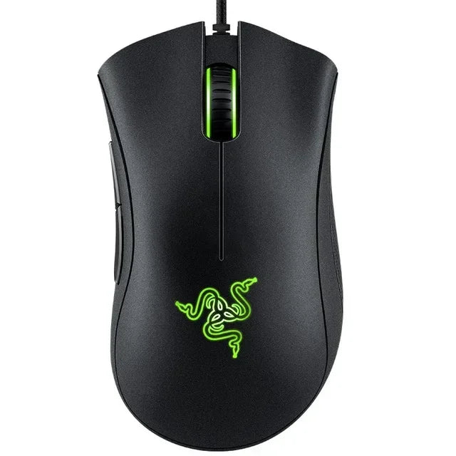 Black gaming mouse with green logo on a white background