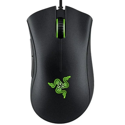 Black gaming mouse with green logo on a white background