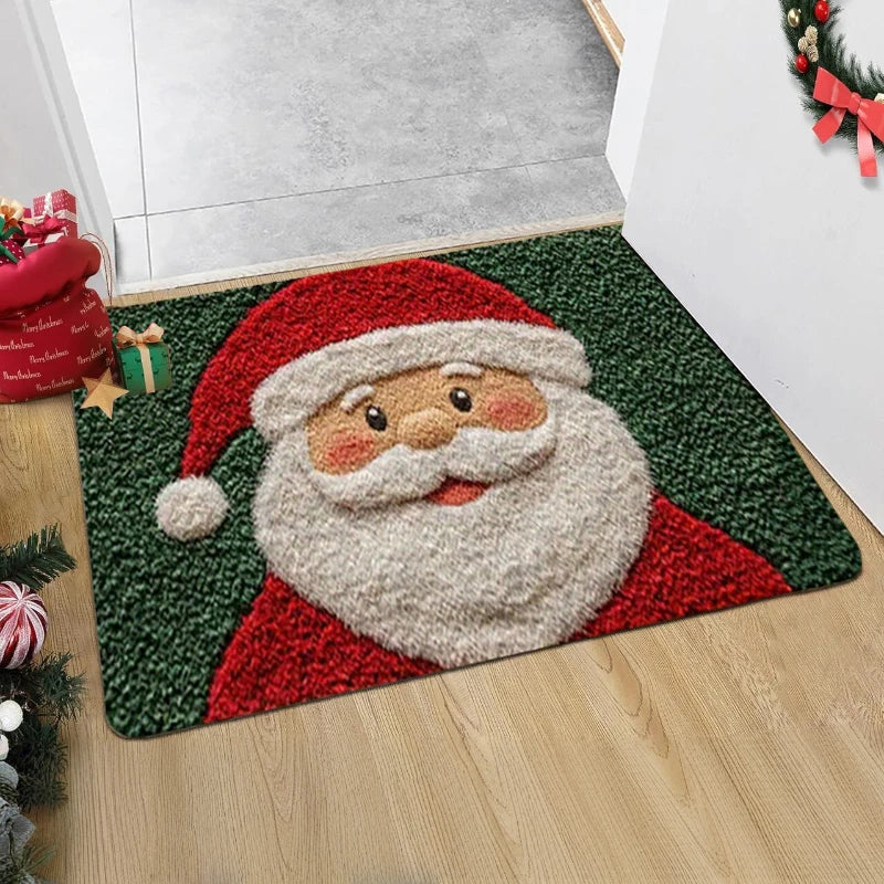 Christmas-themed doormat with a face design on a wooden floor.