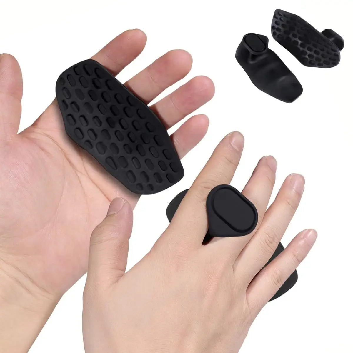 Black finger protectors on a hand with additional protectors on a white background
