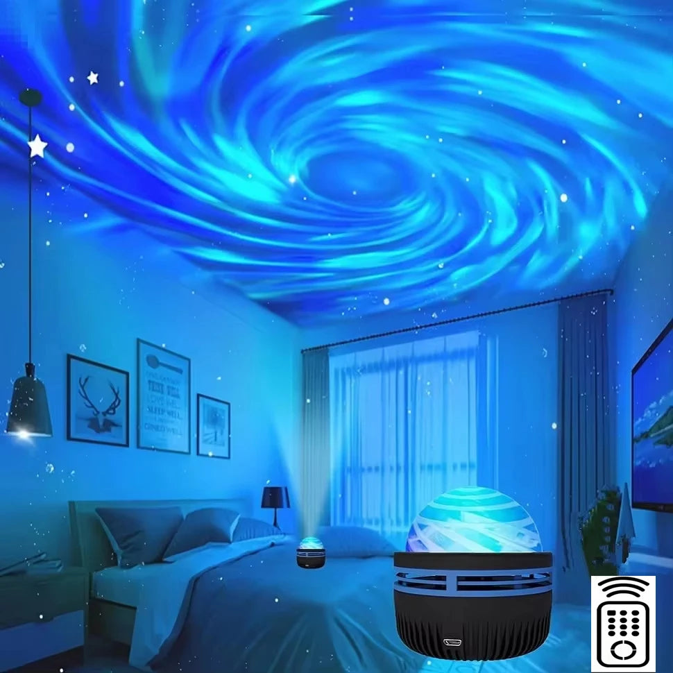 Room with a starry night sky projector on the ceiling, creating a calming atmosphere.