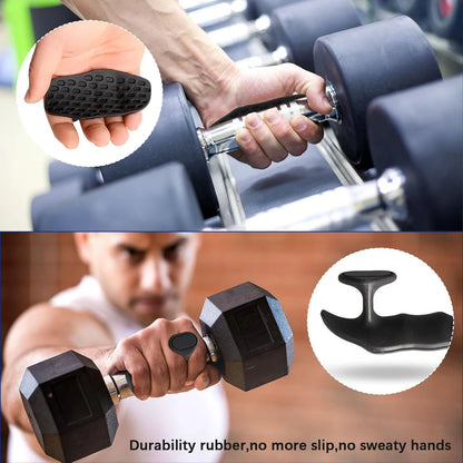 Dumbbells with durability rubber grips being held by a person, with close-up insets showing the texture.