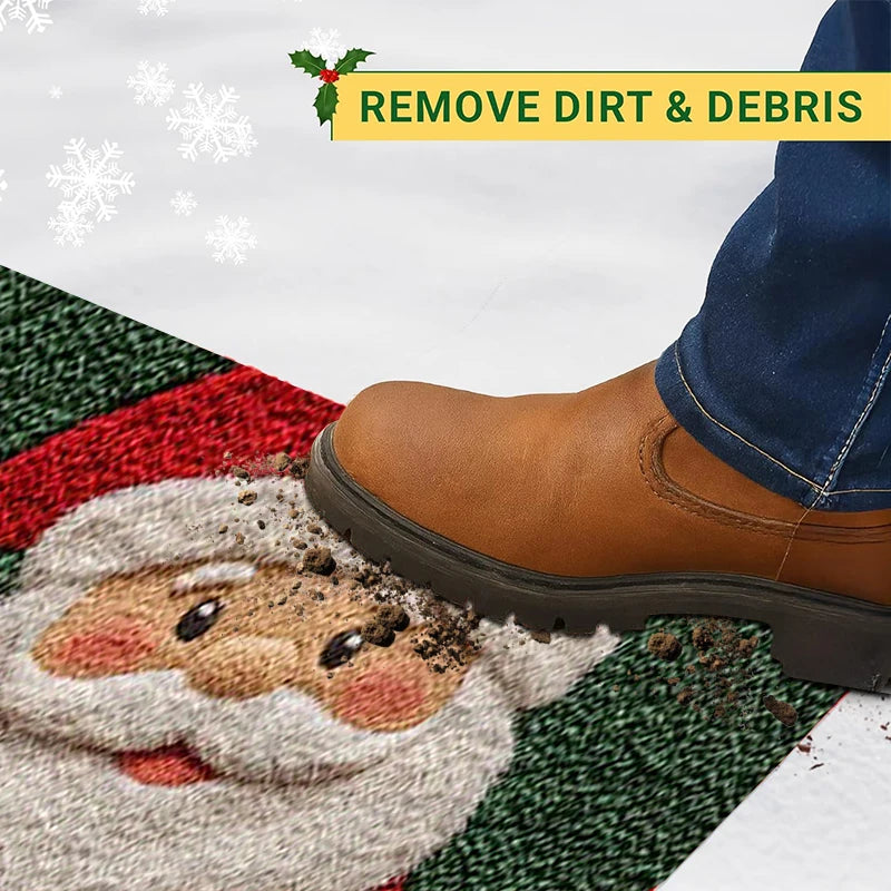 Brown boot stepping onto a Santa Claus doormat with text 'Remove Dirt & Debris' above.