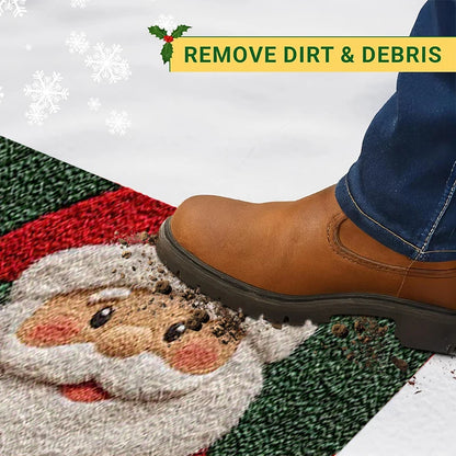 Brown boot stepping onto a Santa Claus doormat with text 'Remove Dirt & Debris' above.