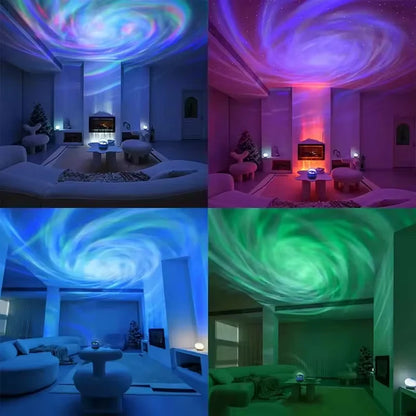 Collage of a living room with colorful ceiling projections in different colors.