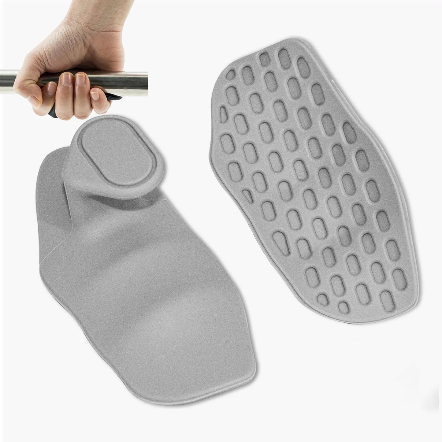 Gray silicone mat with textured surface and a hand holding it.