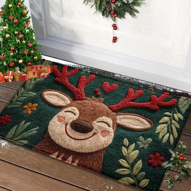 Decorative doormat with a reindeer design on a wooden floor, surrounded by Christmas decorations.