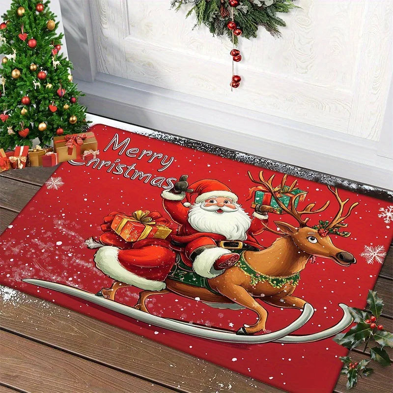 Christmas-themed doormat with Santa Claus and reindeer design, featuring the text 'Merry Christmas'.