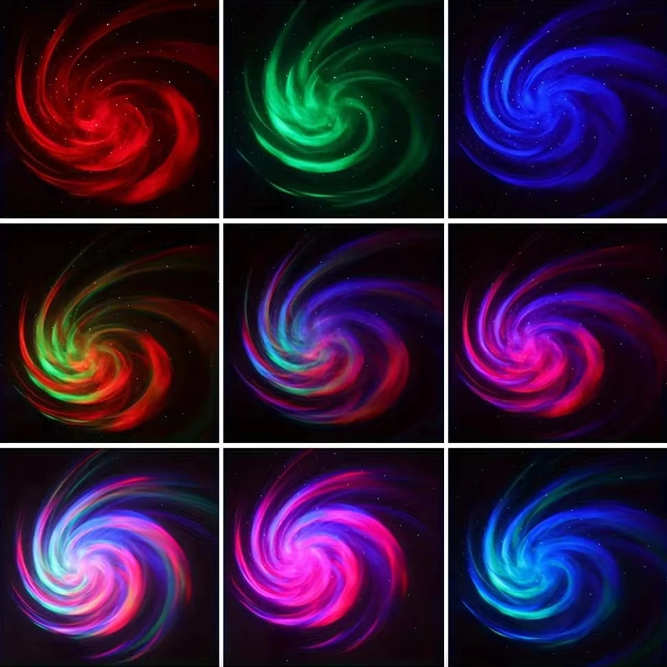 Nine colorful spiral patterns on a black background