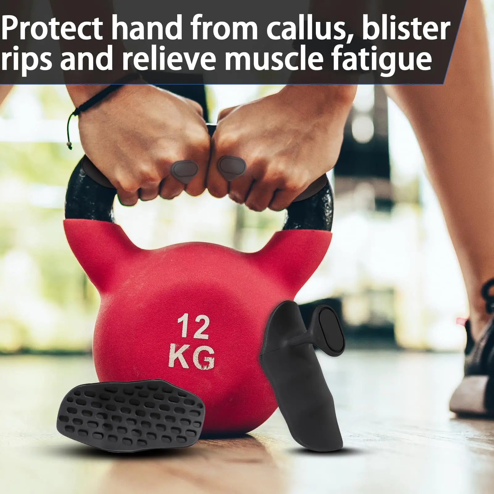 Red kettlebell with black handles being held by a person, with text about hand protection and muscle relief.