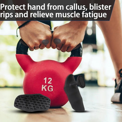 Red kettlebell with black handles being held by a person, with text about hand protection and muscle relief.