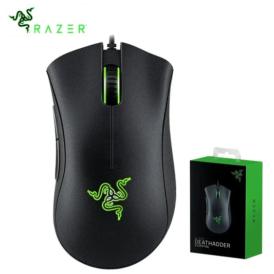 Razer gaming mouse with green logo and packaging on a white background