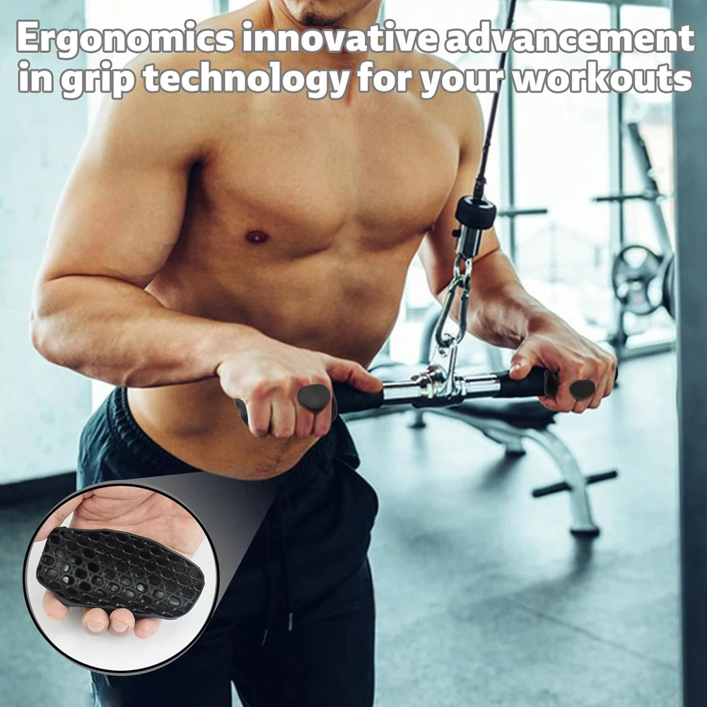 Man using a gym machine with ergonomic grip technology in a gym setting
