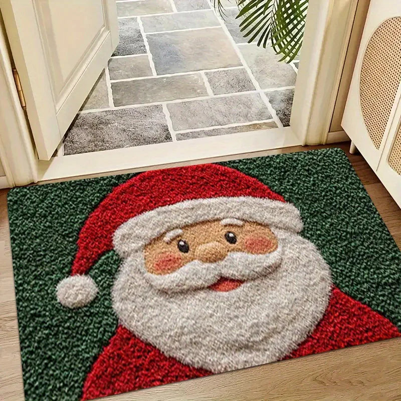 Doormat with Santa Claus design on a wooden floor.