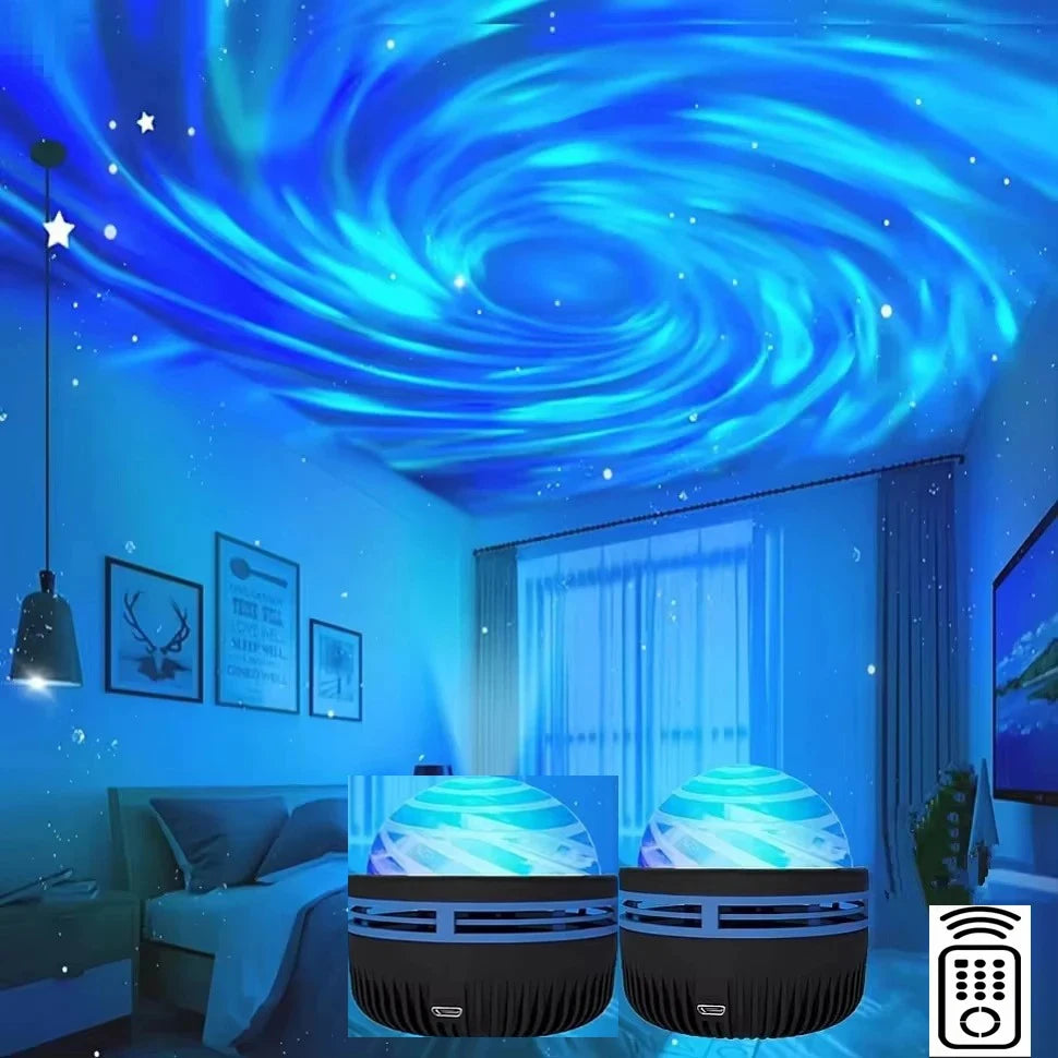 Room with starry sky ceiling projection and two cylindrical devices on a table.