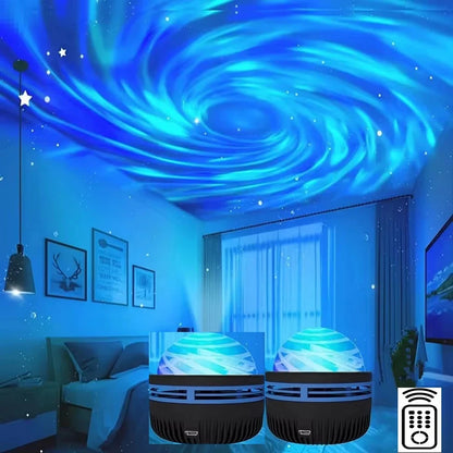 Room with starry sky ceiling projection and two cylindrical devices on a table.