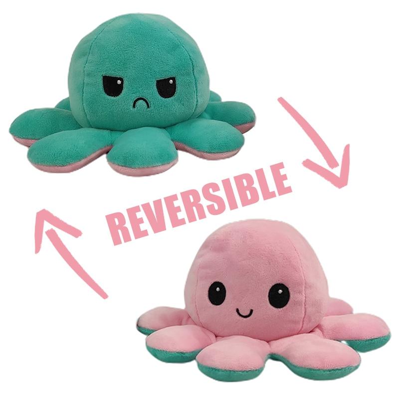 Reversible plush octopus toy showing green and pink sides with arrows pointing between them.